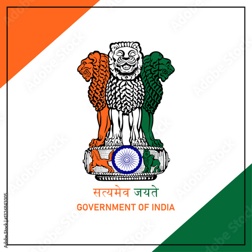 Ashok pillar vector sign symbol tricolor. Satyamev jayate, ashok stambh symbol. National emblem of india, Government of India. Vector illustration. Flat design.