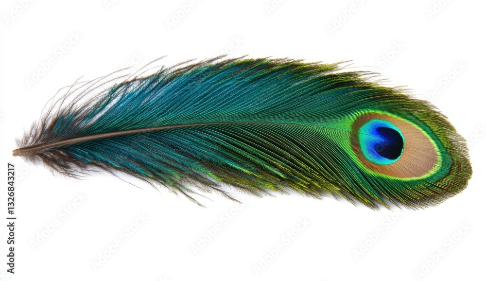 Obraz premium A single peacock feather with vibrant green, blue, and brown hues is shown against a stark white background. The intricate details of the feather are clearly visible.