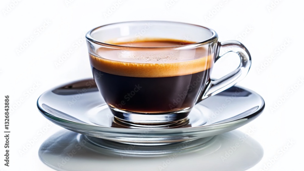 Espresso in Glass Cup on Saucer - Isolated White Background Stock Photo Espresso in Glass Cup on Saucer - Isolated White Background Stock Photo