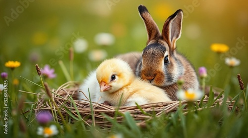Adorable bunny and chick snuggling together in a cozy nest of grass and flowers