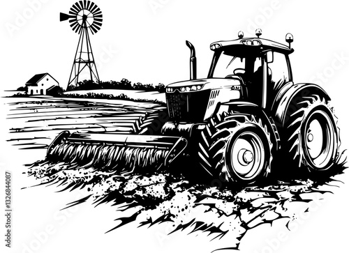 Farm Tractor Plowing Field with Farmhouse Outline - Black Vector Illustration