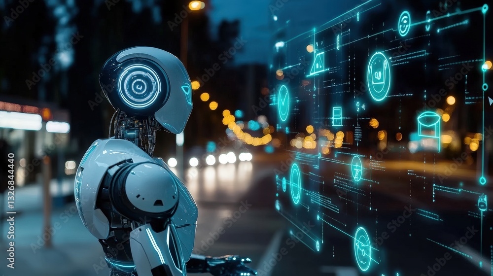 A robotic detective scanning a crime scene with an AI-powered interface, neon symbols floating in the air A robotic detective scanning a crime scene with an AI-powered interface, neon symbols floating in the air