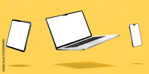 Levitation laptop computer, tablet and cellphone mockup
