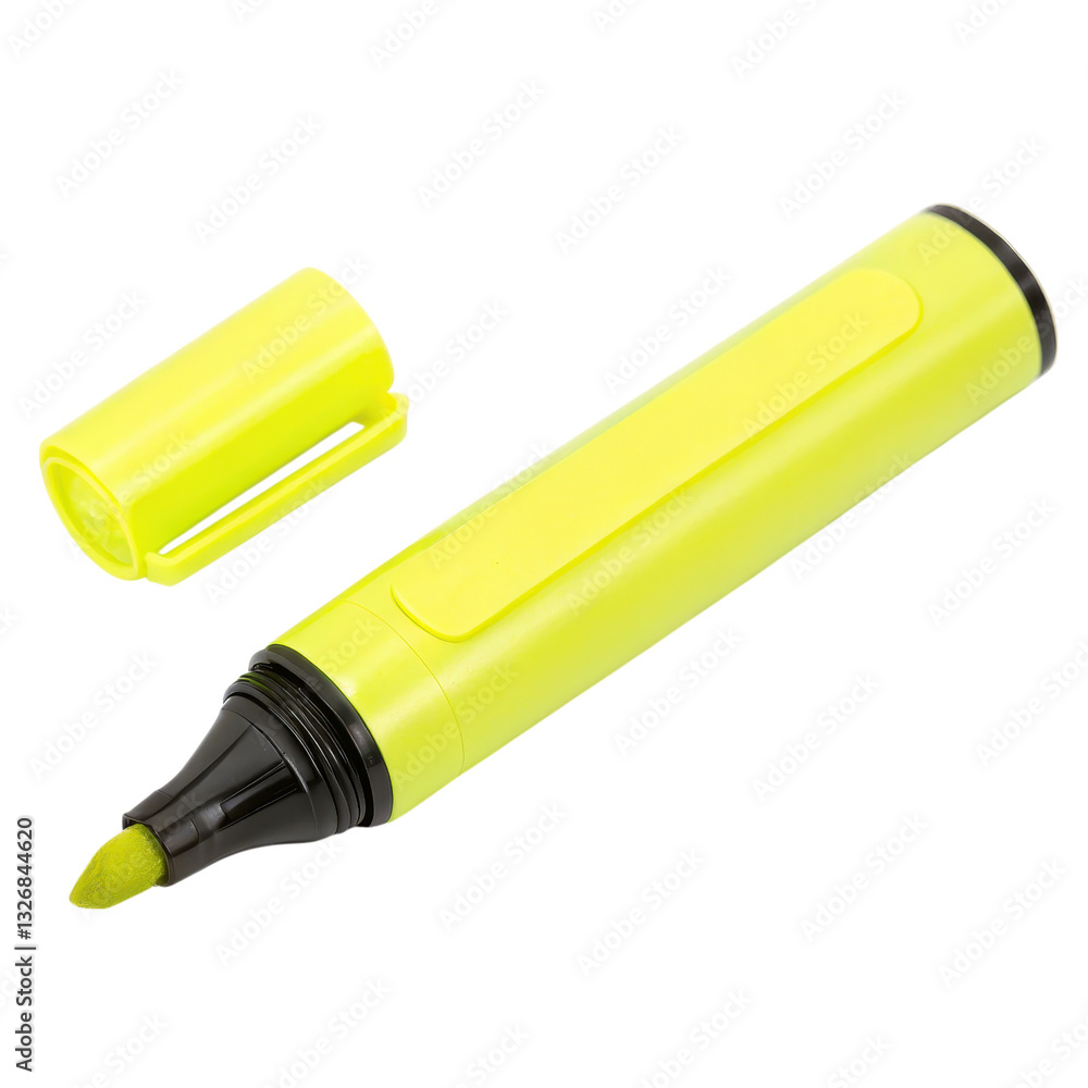 A vibrant yellow highlighter pen with a removable cap, designed for marking important text and enhancing visibility isolated on transparent background. A vibrant yellow highlighter pen with a removable cap, designed for marking important text and enhancing visibility isolated on transparent background.