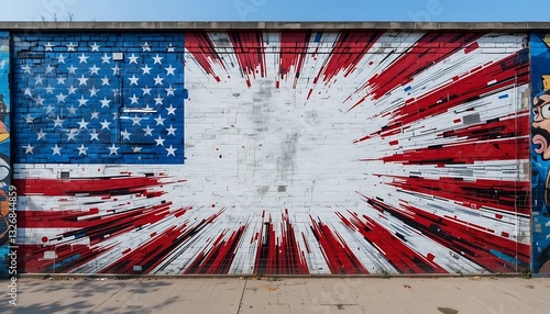 American Flag Mural on Brick Wall with Dynamic Starburst Effect