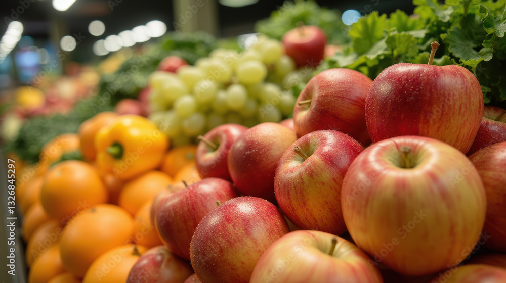 Fresh apples, oranges, and grapes stacked in vibrant market display, showcasing variety of colors and textures Fresh apples, oranges, and grapes stacked in vibrant market display, showcasing variety of colors and textures