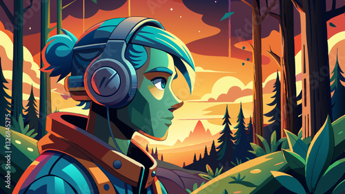 Person wearing headphones in a forest during a warm sunset.