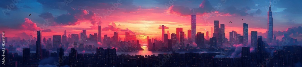 Fototapeta premium Futuristic City Skyline at Sunset with Beautiful Pastel Hues. Generative AI