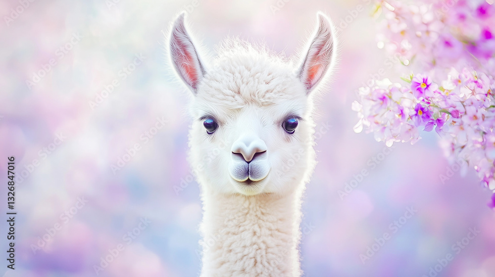 Fototapeta premium Fluffy white llama with a serene expression, framed by soft pink flowers and greenery, ideal for animal and spring themes.