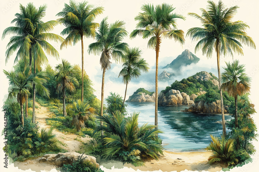 Fototapeta premium Idyllic tropical beach with palm trees and lush vegetation framing a tranquil bay. Postcard, summer vacation, landscape.