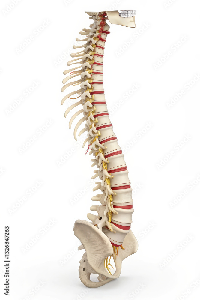 Anatomical model of human spine showing vertebrae, discs, and nerves. This detailed representation highlights structure and function of spinal column Anatomical model of human spine showing vertebrae, discs, and nerves. This detailed representation highlights structure and function of spinal column