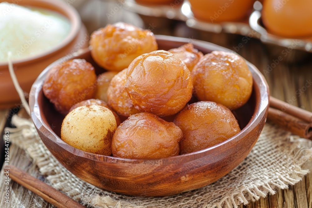 Powdered sugar doughnuts on wooden table. Neural network AI generated Powdered sugar doughnuts on wooden table. Neural network AI generated