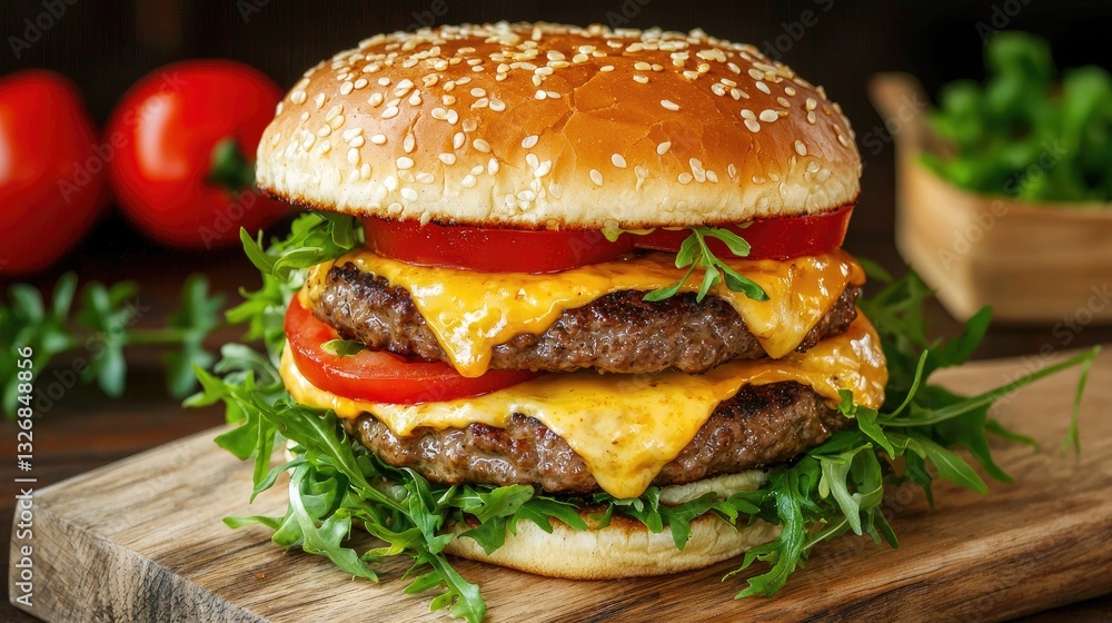 A stacked double cheeseburger with melted cheese oozing over a fresh bun, deep contrast. A stacked double cheeseburger with melted cheese oozing over a fresh bun, deep contrast.