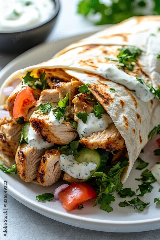 Grilled chicken wrap with fresh vegetables and creamy sauce on a white plate Grilled chicken wrap with fresh vegetables and creamy sauce on a white plate