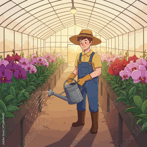 Watering Orchid Flowers in Greenhouse Young Man Gardening Hobby