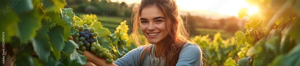 Woman holding ripe bunches of grapes in a vineyard under a warm sunset light joyful harvest moment. Generative AI Woman holding ripe bunches of grapes in a vineyard under a warm sunset light joyful harvest moment. Generative AI