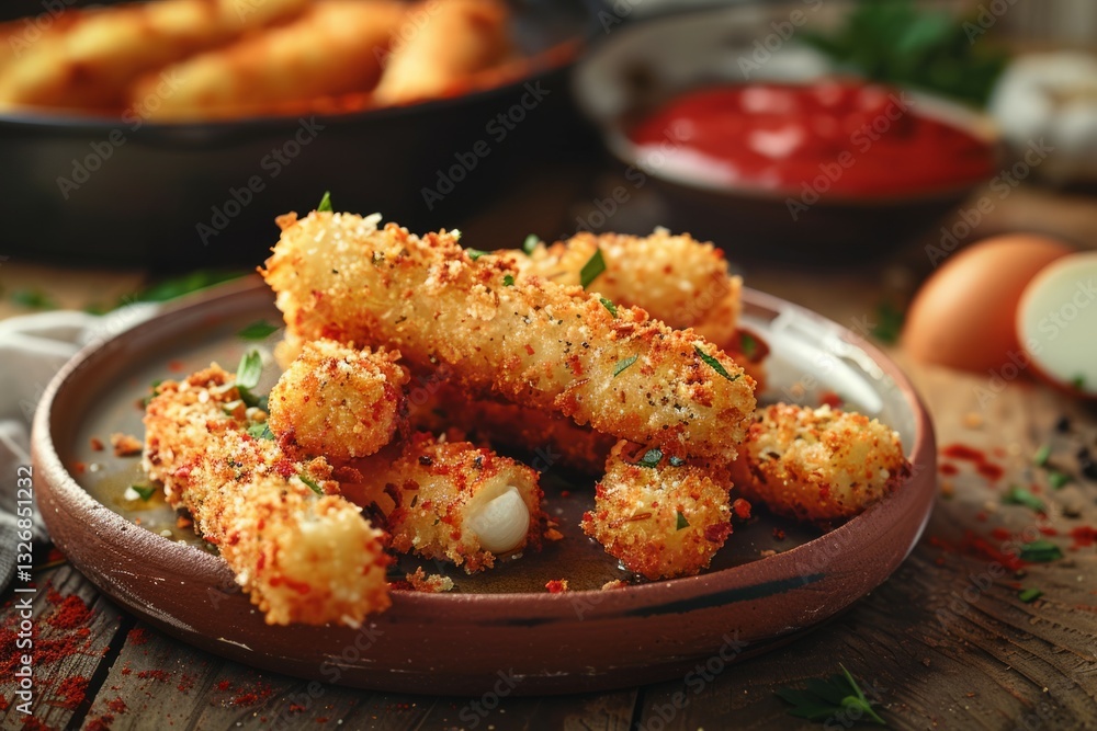 Crispy mozzarella sticks with dipping sauces. Neural network AI generated Crispy mozzarella sticks with dipping sauces. Neural network AI generated