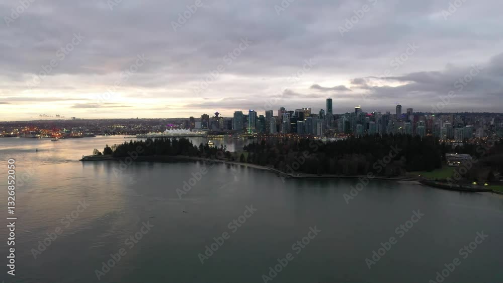 Vancouver city skyline, drone shot moving towards Vancouver down town, Vancouver, Canada Vancouver city skyline, drone shot moving towards Vancouver down town, Vancouver, Canada