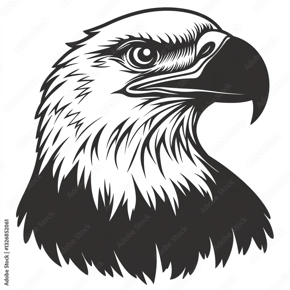 Obraz premium A regal eagles head, rendered in striking black and white, commands attention with its intense gaze and detailed plumage. A powerful symbol of freedom.