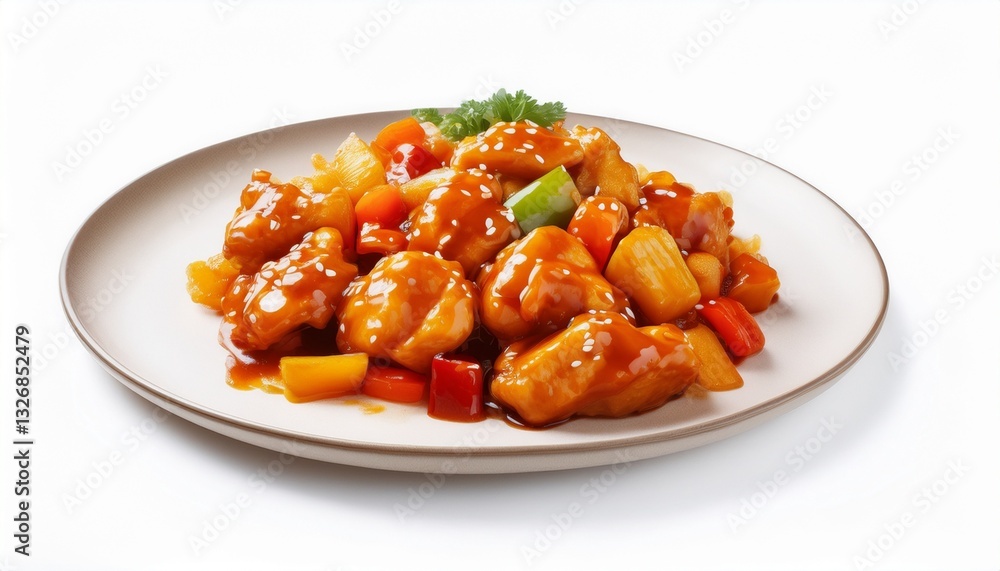 Tasty Sweet and Sour Chicken Served on a Plate Isolated on White Background
