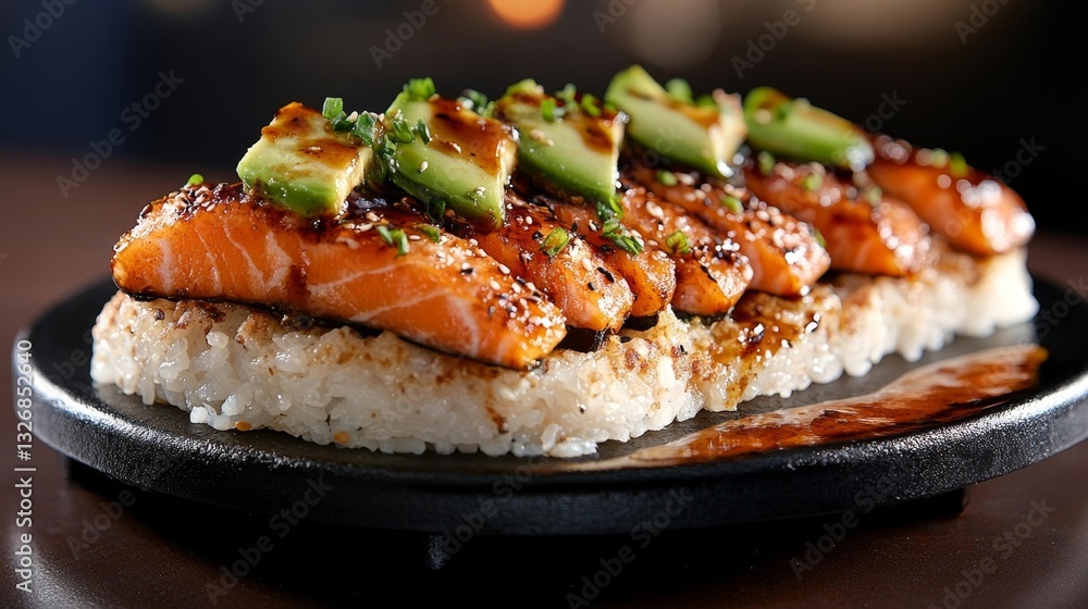 A close-up of sushi pizza with salmon avocado and rice base on a sizzling stone plate. Generative AI A close-up of sushi pizza with salmon avocado and rice base on a sizzling stone plate. Generative AI