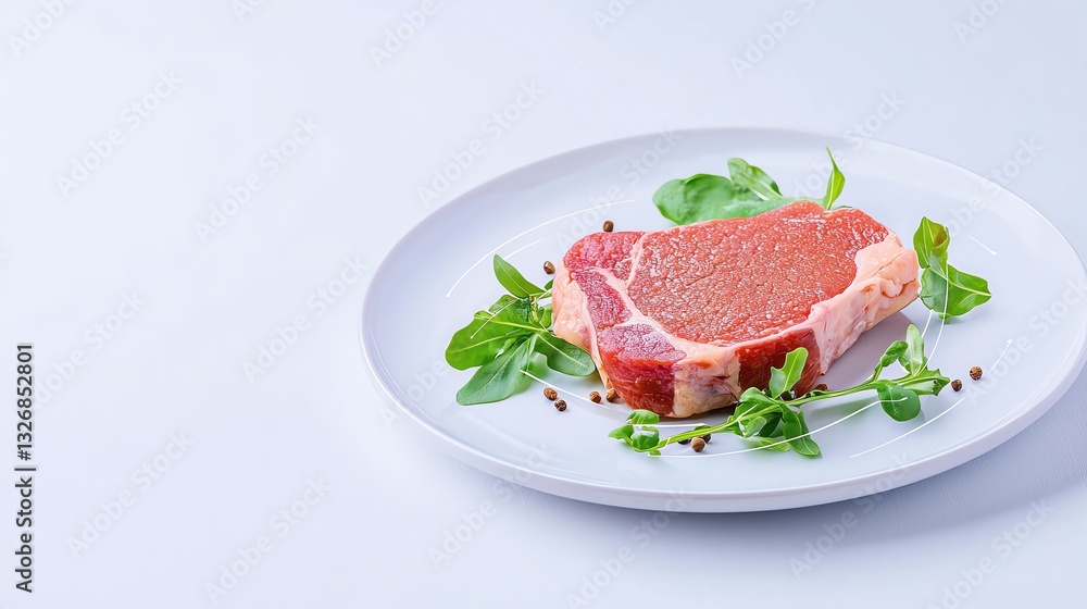 Fresh raw steak displayed on a white plate with green herbs and spices, ready for cooking or grilling, isolated on white background. Fresh raw steak displayed on a white plate with green herbs and spices, ready for cooking or grilling, isolated on white background.