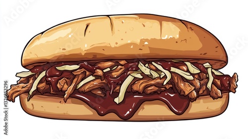 Mouthwatering Pulled Pork Sandwich with BBQ Sauce and Coleslaw A Delicious Culinary Delight Isolated on White Background