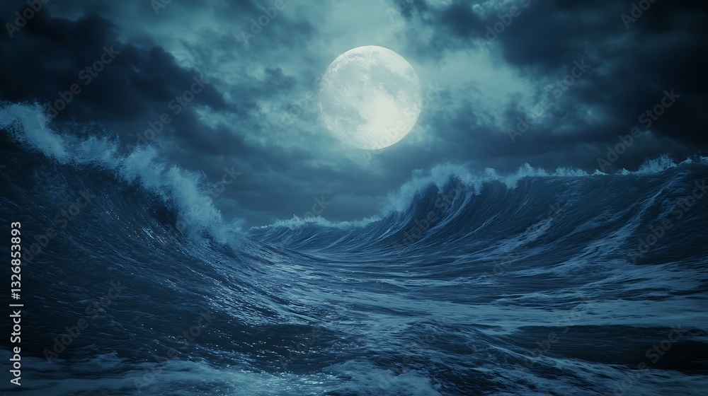 Dramatic ocean waves under a full moon amidst dark, stormy clouds. Dramatic ocean waves under a full moon amidst dark, stormy clouds.