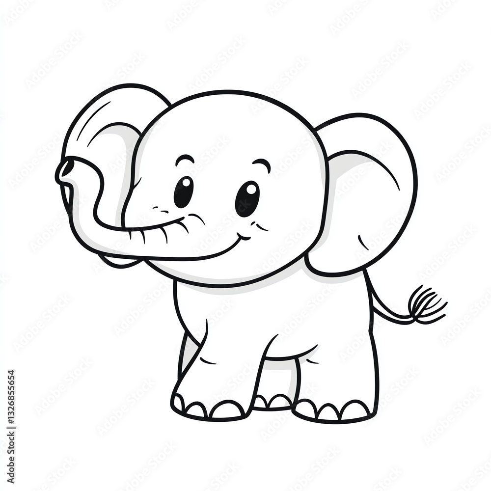 Naklejka premium A cheerful baby elephant, playfully lifting its trunk, smiles brightly against a stark white background. Its cartoonish features exude joy and innocence.