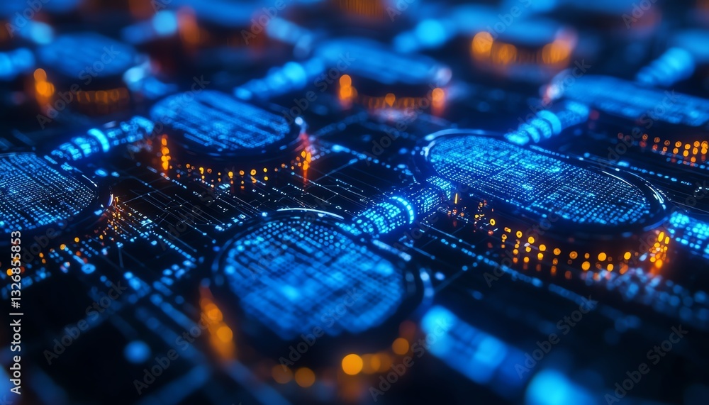 Fototapeta premium Futuristic blue background with interconnected circle dots, showcasing abstract technology concepts, blockchain innovation, and big data digital networks