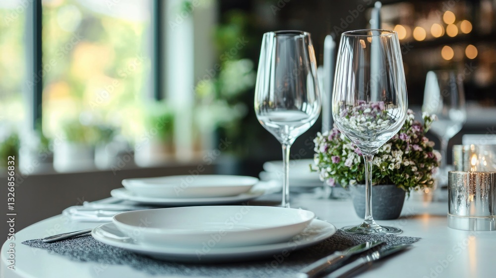 Elegant table setting with wine glasses and floral centerpiece for a formal dining experience Elegant table setting with wine glasses and floral centerpiece for a formal dining experience