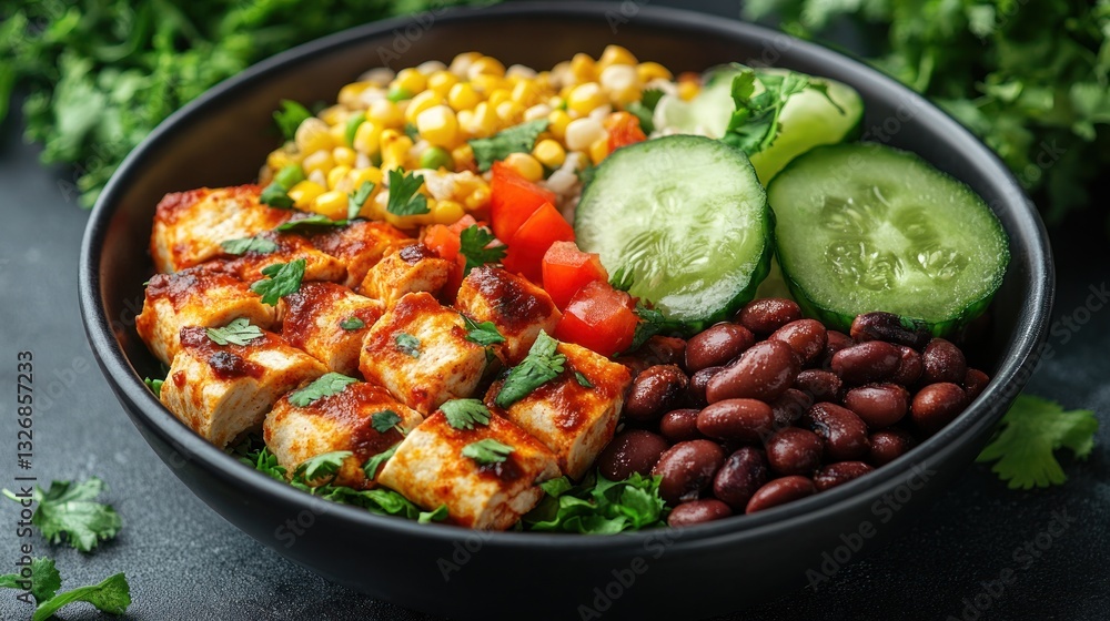 Fototapeta premium Spicy Chicken & Veggie Bowl on Dark Table