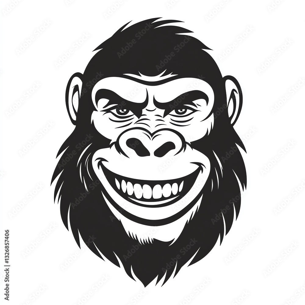 A Broad Grinning Gorilla, Black and White Illustration. A Powerful, Joyful Image of a Primates Happy Face. A Broad Grinning Gorilla, Black and White Illustration. A Powerful, Joyful Image of a Primates Happy Face.