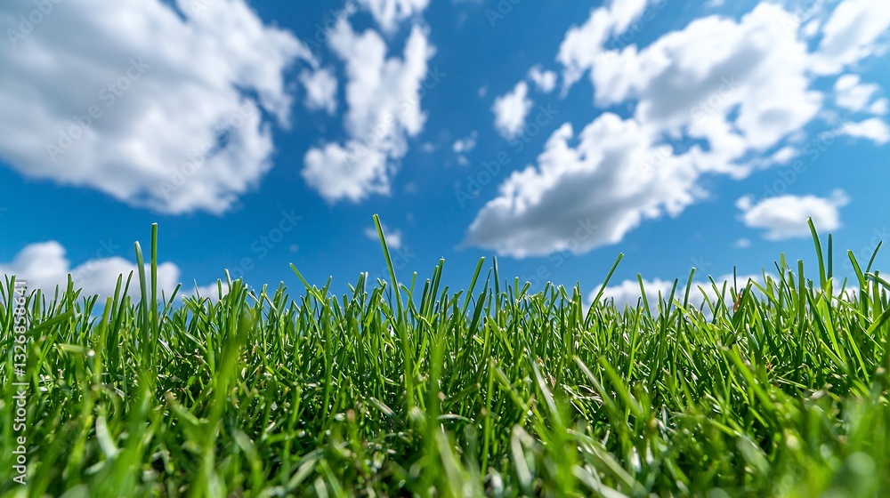 Obraz premium Vibrant Green Grass Under a Bright Blue Sky with Fluffy White Clouds