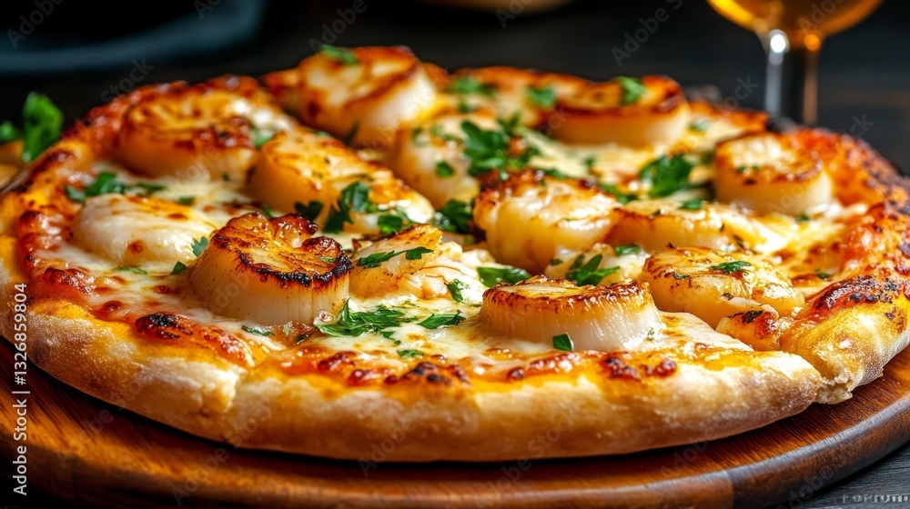 Delicious pizza topped with seared scallops cheese and herbs on a wooden pizza tray. Generative AI Delicious pizza topped with seared scallops cheese and herbs on a wooden pizza tray. Generative AI