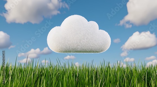 White 3D Cloud over Lush Green Grass under Blue Sky