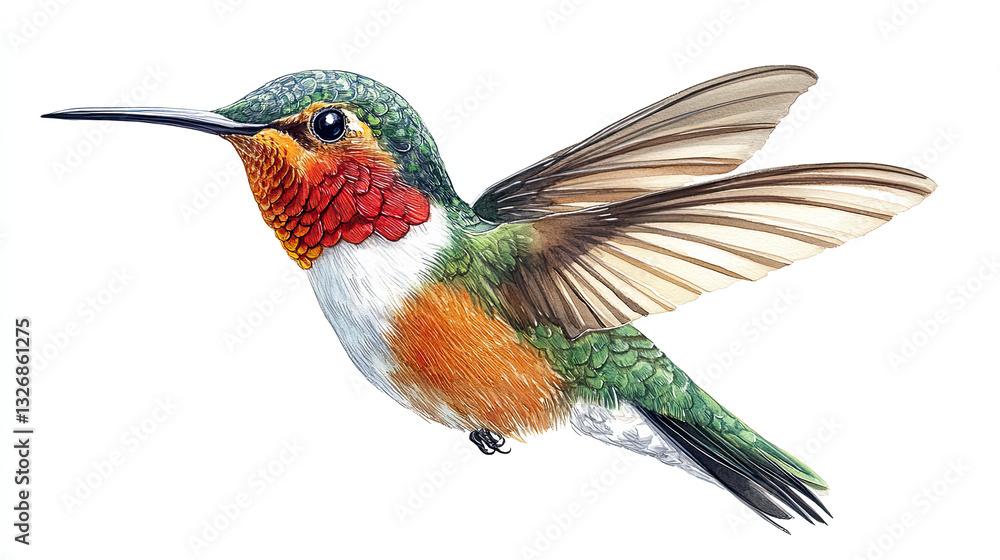Obraz premium Colorful hummingbird illustration hand drawing isolated on white background. Tropical bird watercolor summer clipart.