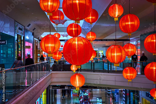 Photography Red Lanterns in Vibrant Mall Interior Eye-Level Perspective
