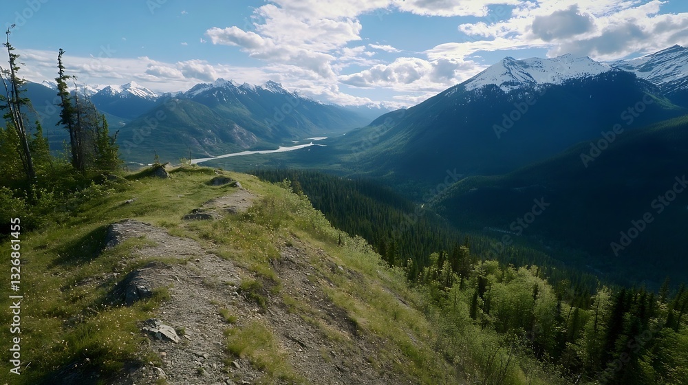 Fototapeta premium Stunning panoramic view of lush mountains under a bright sky filled with fluffy clouds and a serene river : Generative AI