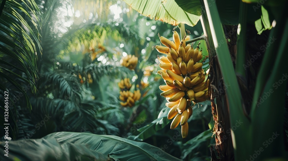 Fototapeta premium A lush banana tree with ripe yellow bananas hanging in clusters, surrounded by vibrant green leaves in a tropical setting