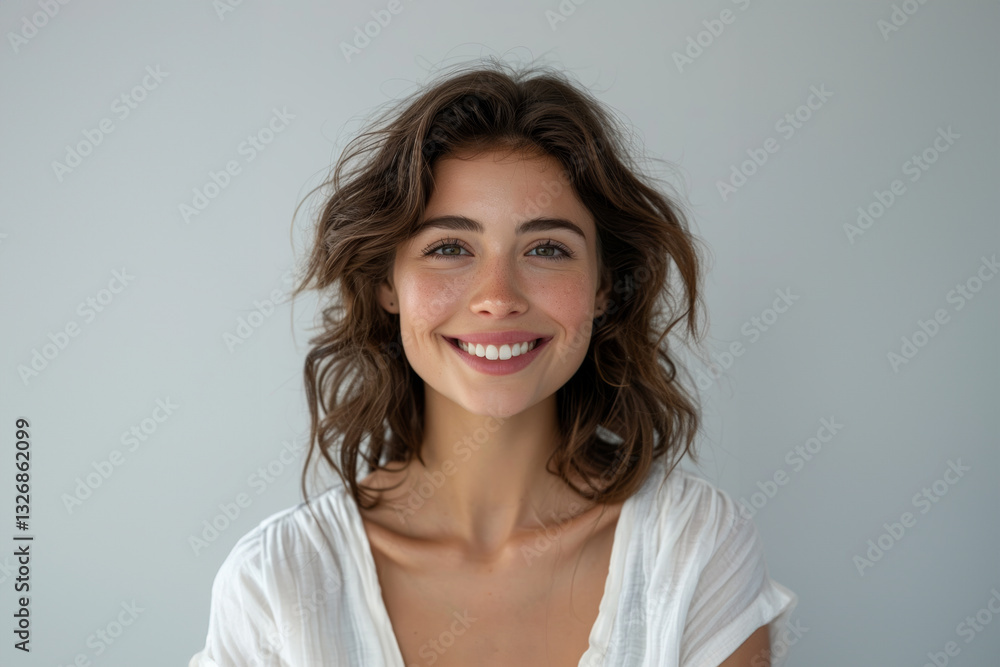 Woman in 20s to 30s pose in casual white attire with understated white gray backgrounds, exuding tranquility and elegance through simplicity. Woman in 20s to 30s pose in casual white attire with understated white gray backgrounds, exuding tranquility and elegance through simplicity.