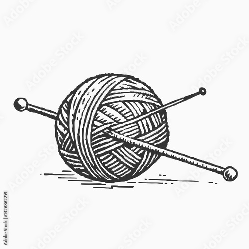 Hand drawn sketch of ball of threads or wool with knitting needles in vintage doodle style. Ball of yarn continuous line sign. A round skein of knitting thread is isolated on a white background.