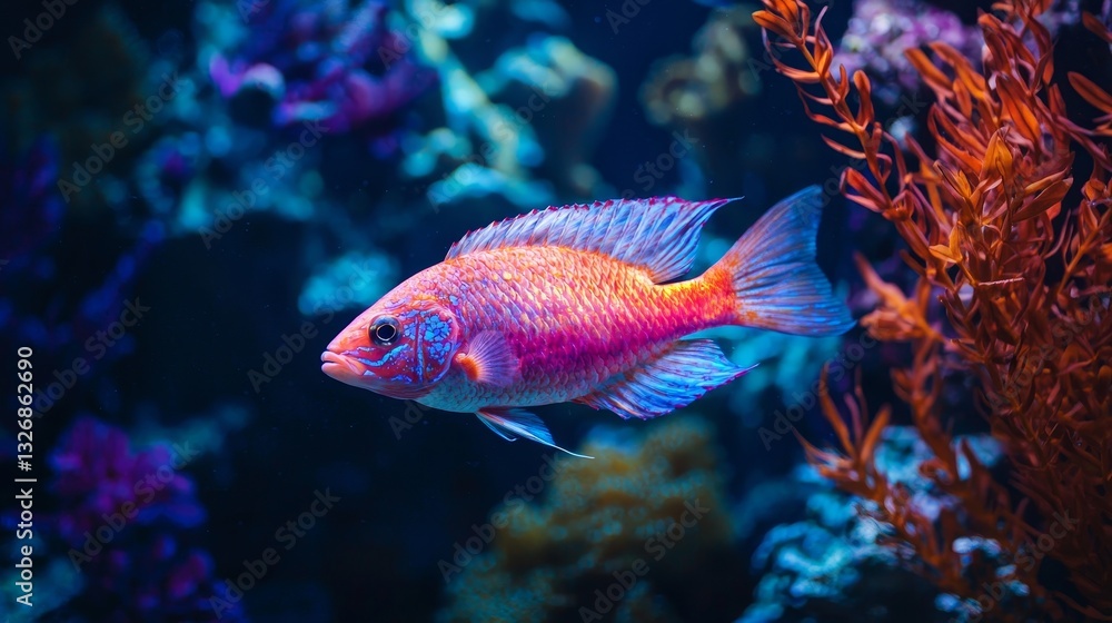 Fototapeta premium A majestic cichlid fish glowing under soft LED light, swimming gracefully through an intricate aquascape with vibrant plants