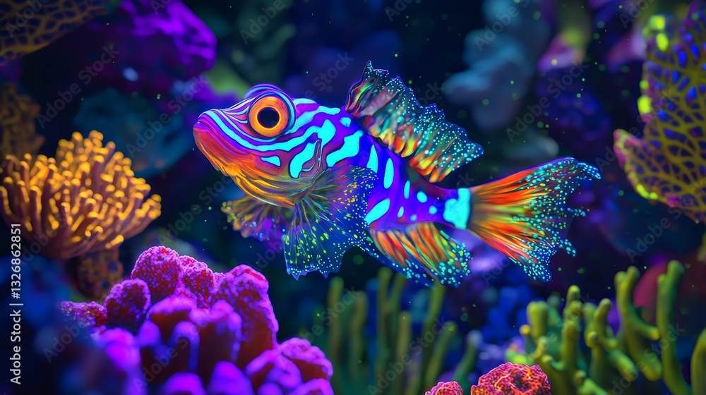Obraz premium A vibrant mandarinfish illuminated by bioluminescent coral, swimming in a neon-hued underwater fantasy world, glowing with psychedelic colors, 3D illustration