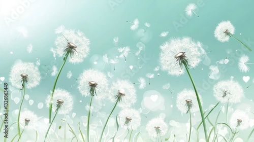 A serene spring backdrop featuring delicate white dandelions.