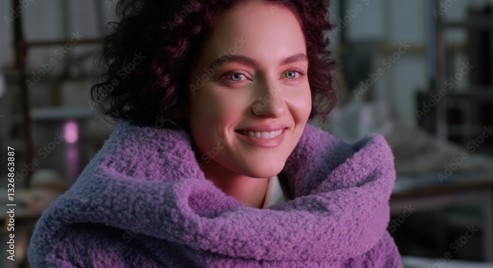Smiling young caucasian woman in purple sweater with curly hair indoors Smiling young caucasian woman in purple sweater with curly hair indoors