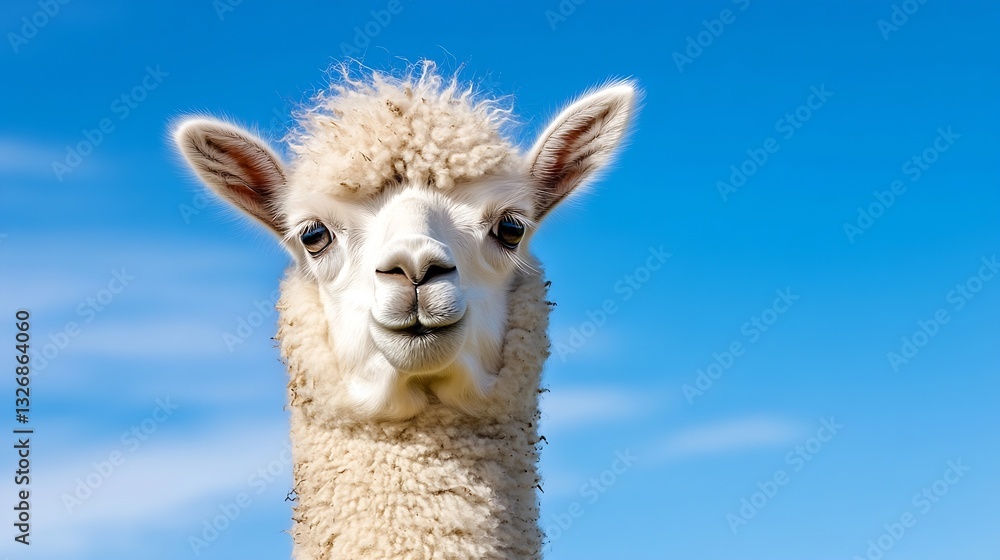 Obraz premium CloseUp of a Cute Alpaca with Fluffy Fur Against a Clear Blue Sky : Generative AI