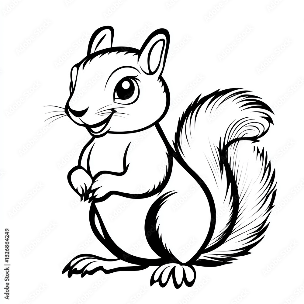 Fototapeta premium A cheerful cartoon squirrel smiles brightly, its bushy tail playfully curved, set against a stark white background.