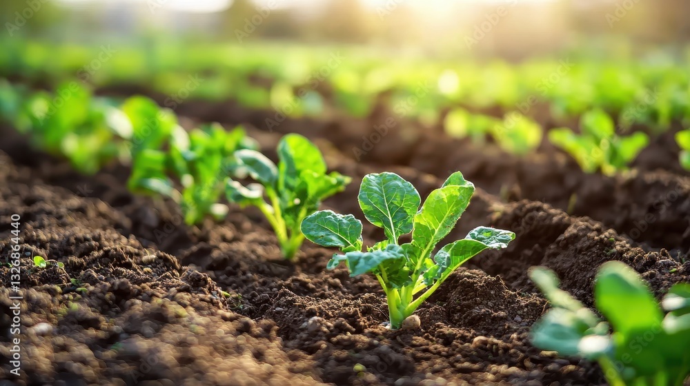 Young green plant growing in a small garden plot with fresh soil and natural light, symbolizing new life and growth Young green plant growing in a small garden plot with fresh soil and natural light, symbolizing new life and growth