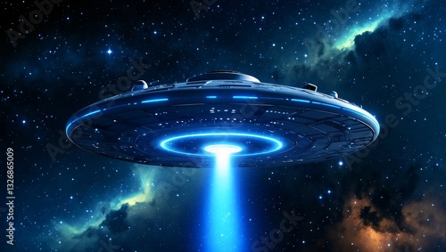 Mysterious ufo emitting blue beam in starry nebula